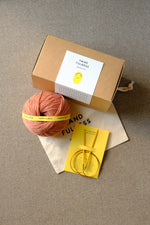 Medium Handfulness kit in Rose: a ball of dusty pink yarn, wooden needles, a cotton bag and a kraft box.